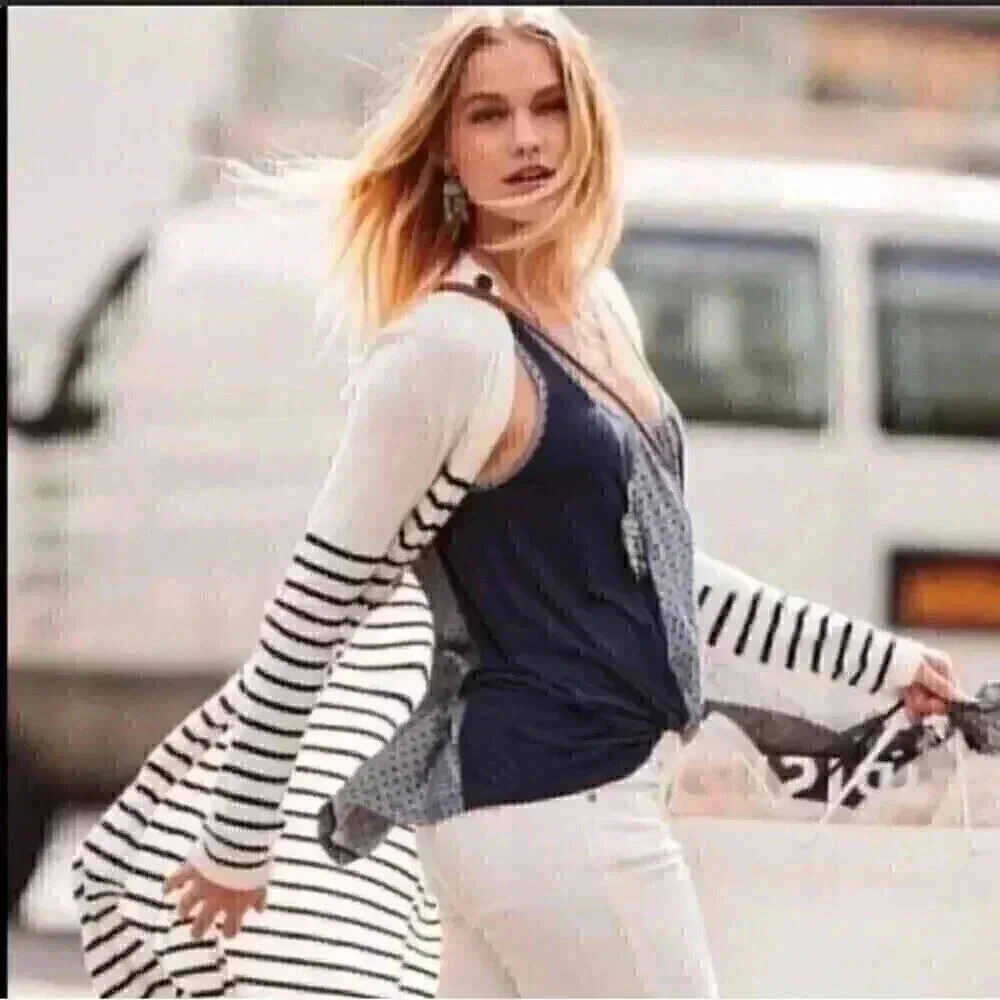 Cabi 5141 Victory Womens M Duster Sweater Patchwork Blue White Stripes